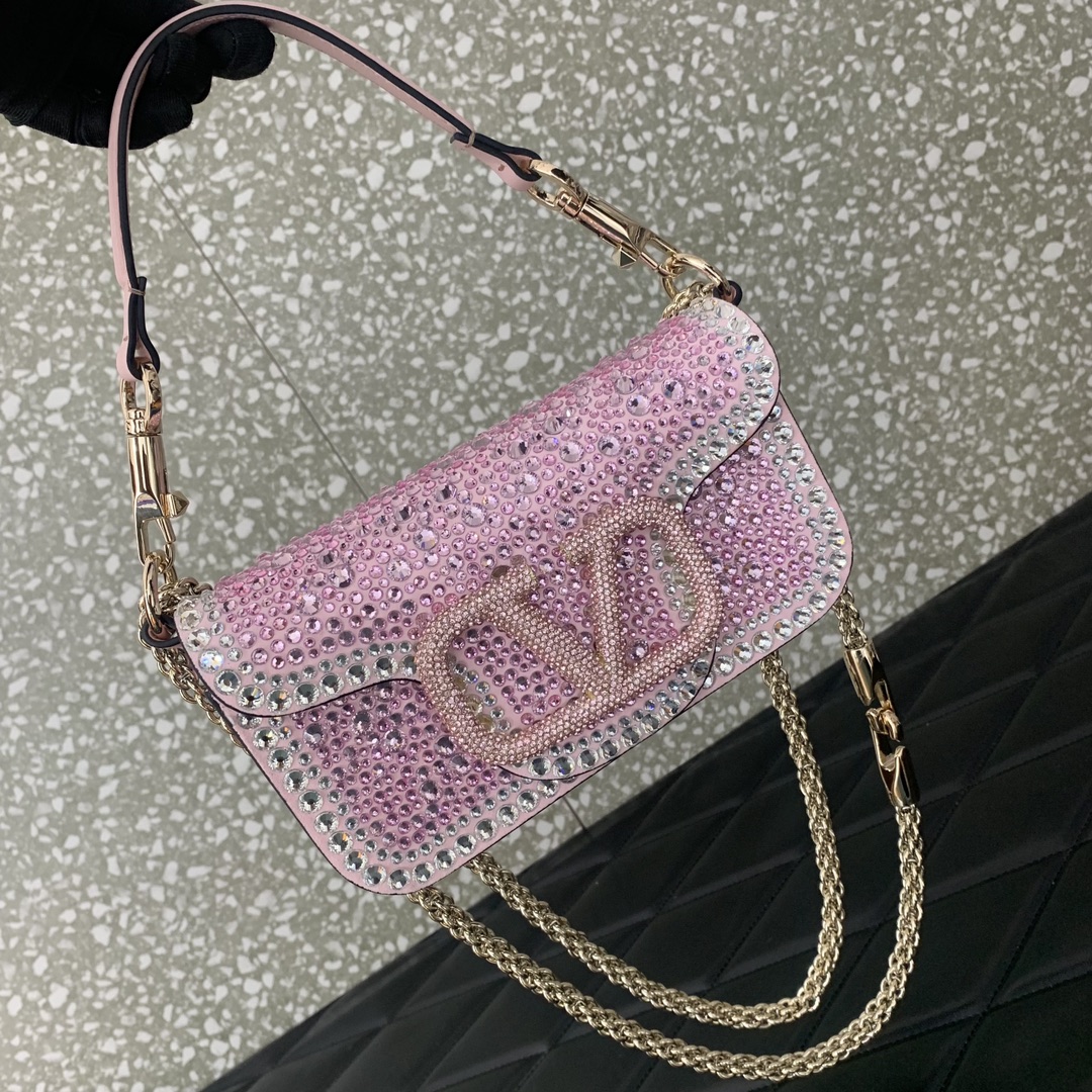 Valentino Garavani Loco Small Shoulder Bag with Pink Rhinestone Applique